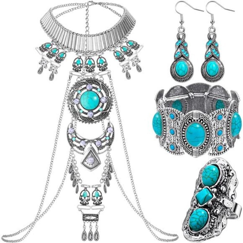 Bohemian Turquoise Jewelry Set – Necklace, Earrings, Bracelet & Ring Silver